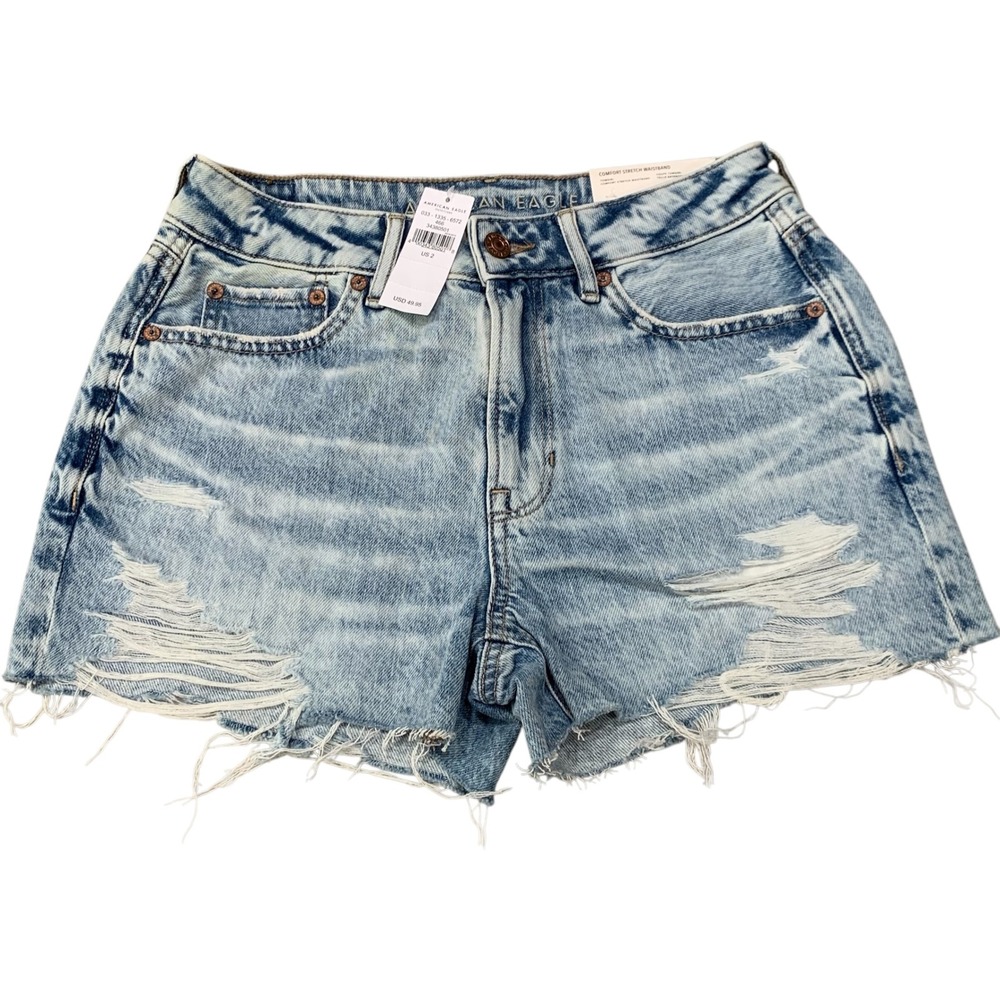 American Eagle Tomgirl Distressed Denim Shorts Light Wash High Rise 2 26W NEW - Picture 1 of 12
